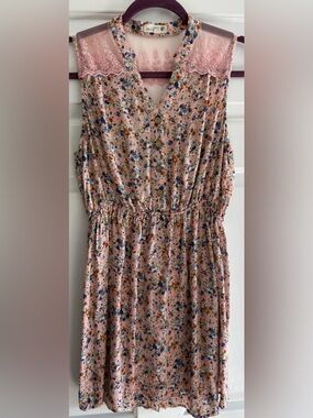 mine Pink Floral V-Neck Dress with Purple Trim